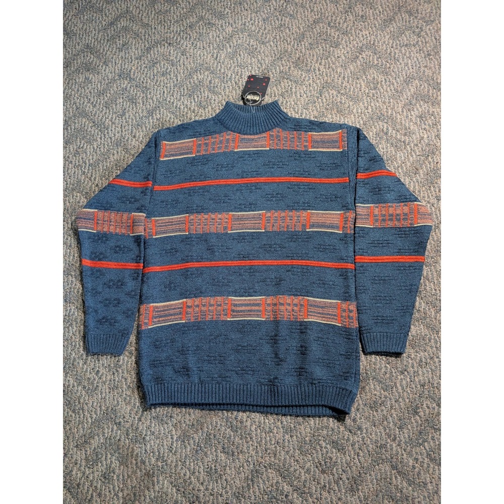 Barclay Mod Knit Mens Mock Neck Sweater Blue Orange Geometric Stripe Size 40 NWT